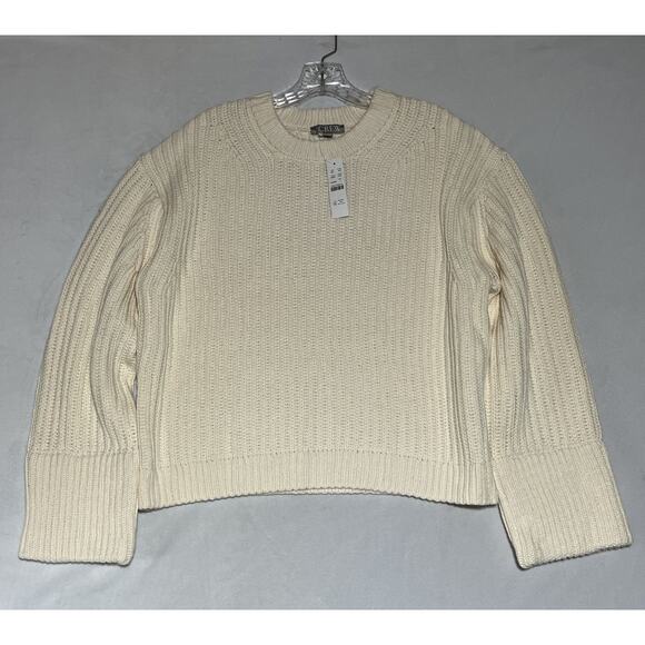 J Crew Heritage Cotton Fisherman Crewneck Sweater Womens L Natural Cream Cropped - Picture 1 of 10